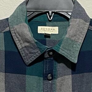Sonoma Men’s Flannel Long Sleeve Shirt Size Medium | Green Blue Grey 100% Cotton